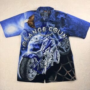 Y2K Orange County Choppers Blue Motorcycle Button Up Hawaiin T-Shirt Medium